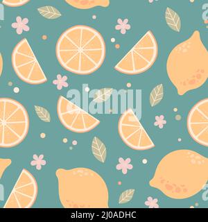 Lemon seamless pattern, flowers and leaves, vector Stock Vector