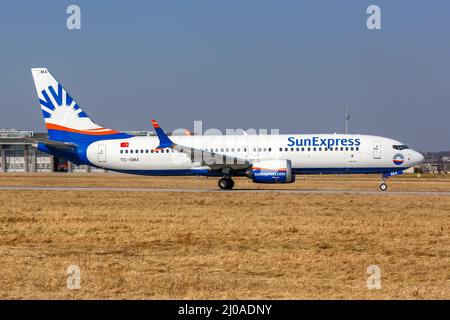 Stuttgart, Germany - March 4, 2022: Sun Express Boeing 737 MAX 8 airplane at Stuttgart airport (STR) in Germany. Stock Photo