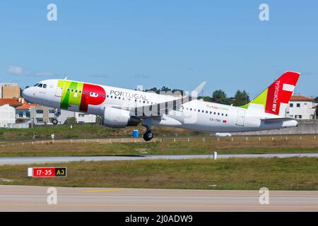 Porto, Portugal - September 21, 2021: TAP Air Portugal Airbus A320 airplane at Porto airport (OPO) in Portugal. Stock Photo