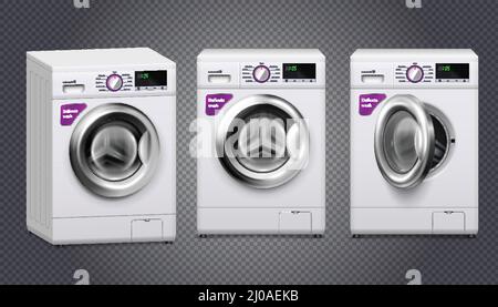 Three empty washing machines in white and silver color set isolated on transparent background realistic vector illustration Stock Vector