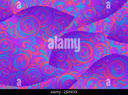 Abstract psychedelic background with circles and lines of various widths in retro optical illusion style. Stock Vector