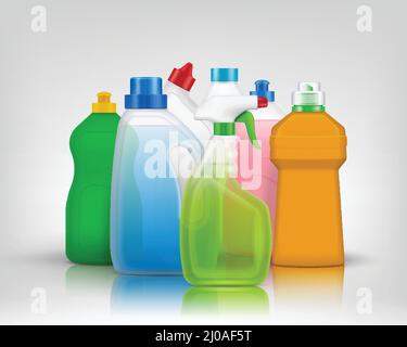 Detergent color bottles composition with realistic images of colourful bottles filled with washing soap with shadows vector illustration Stock Vector