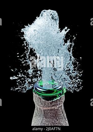 Bottle and water splash on black Stock Photo