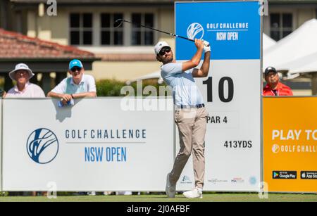 Sydney, Australia. 18th Mar, 2022. Matt Jager of Australia plays his tee shot on the 10th hole during the Round 2 of the 2022 NSW Open at Concord Golf Club on March 18, 2022 in Sydney, Australia. ( Editorial use only) Credit: Izhar Ahmed Khan/Alamy Live News/Alamy Live News Stock Photo