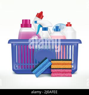 Detergent bottles in basket composition with realistic images of plastic bottles of washing liquids in market basket vector illustration Stock Vector