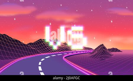 Versus sign with arcade game style with pixel letters over synthwave landscape. 80s styled VS emblem for competition poster. Stock Vector