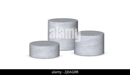 3d podium platform cylinders vector illustration. Realistic gypsum pedestal stages for product presentation. Stock Vector