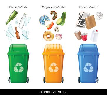Trash and recycling set with glass and organic waste realistic isolated vector illustration Stock Vector