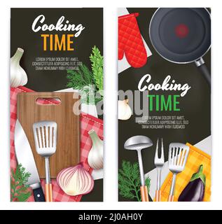 Kitchen utensils vertical banners set with cooking time symbols realistic isolated vector illustration Stock Vector