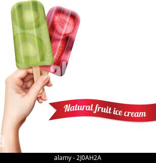 Fruit popsicles ice cream in hand realistic background with editable text on ribbon and human hand vector illustration Stock Vector