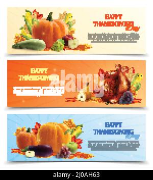 Realistic set of thanksgiving day banners with autumn harvest and roasted turkey isolated vector illustration Stock Vector