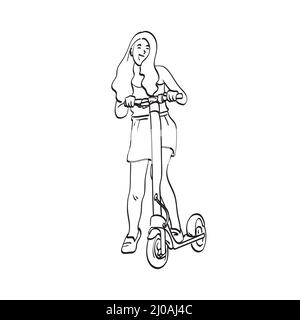 line art full length smiling woman using modern electric scooter illustration vector hand drawn isolated on white background Stock Vector