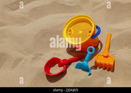 Children's beach toys - buckets, spade and shovel Stock Photo