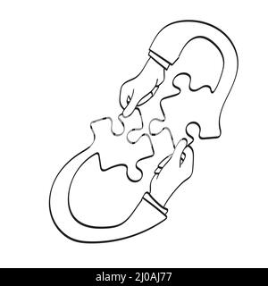 line art hand of businessman holding jigsaw puzzle to match each other illustration vector hand drawn isolated on white background Stock Vector