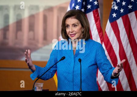 Washington DC, USA. 17th Mar, 2022. Speaker of the United States House of Representatives Nancy Pelosi (Democrat of California) offers remarks during her weekly press conference at the US Capitol in Washington, DC, USA, Thursday, March 17, 2022. Photo by Rod Lamkey/CNP/ABACAPRESS.COM Credit: Abaca Press/Alamy Live News Stock Photo