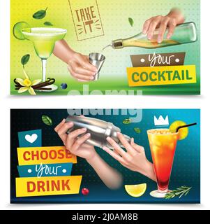 Realistic set of two colorful horizontal banners with bartender hands mixing cocktails isolated vector illustration Stock Vector