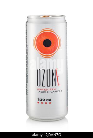 LONDON,UK - FEBRUARY 28,2022: Ozone energy drink with taurine and caffeine on white. Stock Photo