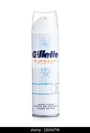 LONDON,UK - FEBRUARY 12,2022: Gillette sensitive shave foam container on white. Stock Photo