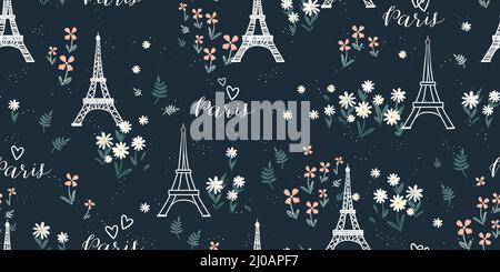 Romantic hand drawn Eiffel Tower seamless pattern, great Valentine's Day background with doodle hearts and flowers, great for textiles, banners, wallp Stock Vector