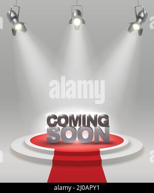Coming soon colored composition on stage with red carpet that spotlights illuminate vector illustration Stock Vector