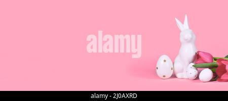 Banner with easter bunny, white eggs with golden dots and tulip spring flowers on pink background with copy space Stock Photo