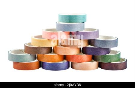 Stack of rolls colorful adhesive tape isolated on white background, Save clipping path. Stock Photo