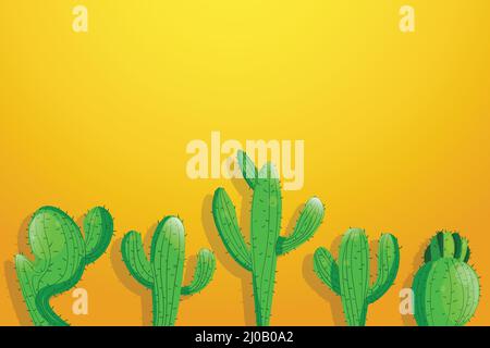 Tall succulent cactuses with thorns on color background. Vector drawing set illustration for icon, game, packaging, banner. Wild west, western, cowboy Stock Vector