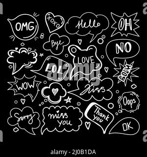 A set of speech bubbles with dialog words, hand-drawn doodle-style elements. Hello, Love, Sorry, Love, Kiss, No, Bye. Vector illustration Stock Vector