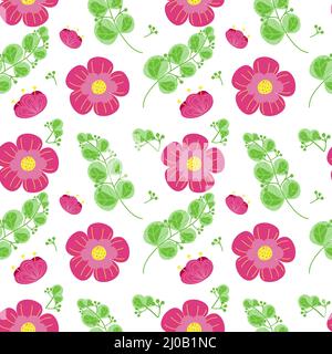 Seamless pattern of bright colors, hand-painted elements. Spring. Pink flowers. Vector in cartoon style. Flowers, buds and leaves on white background Stock Vector