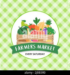 Farmers market background with Wooden box with fruits and vegetables and hand drawn lettering Stock Photo