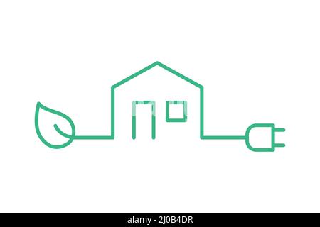 Eco house line icon. Green leaf and a plug. Energy efficient home. Sustainable lifestyle. Environmental friendly power generation. Ecological building Stock Vector