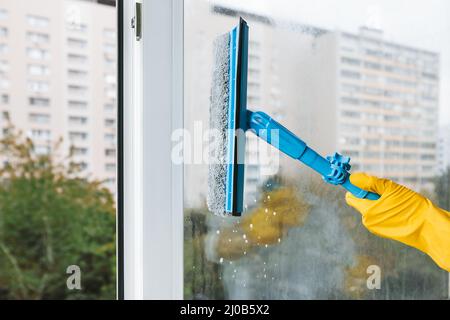 Man in yellow rubber gloves cleaning window with cleaner spray detergent and squeegee or rag at home or office, copy space. Housework and housekeeping Stock Photo