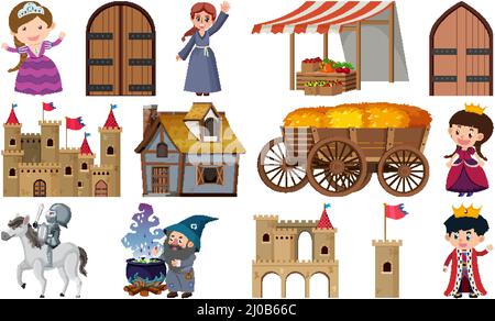 Medieval characters buildings set illustration Stock Vector