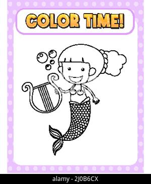 Worksheets template with color time text and Mermaid outline illustration Stock Vector