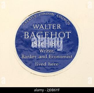 London, UK. Commemorative plaque: 'Walter Bagehot 1826-1877 writer, banker and economist lived here' at 12 Upper Belgrave Street, Westminster, SW1