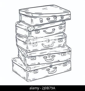 Group suitcases stacked on top of each other sketch. Luggage hand engraved. Old vintage bags for carrying things vector black outline illustration Stock Vector