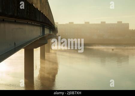 Misty sunrise at Adur Ferry Bridge in Shoreham-by-Sea, West Sussex, England. Stock Photo