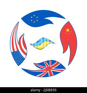 Vector illustration of world with flags and Ukraine in the centre. Stock Vector