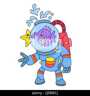 fishman diver diving in the sea playing Stock Vector
