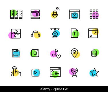 Simple colorful geometric line art icons set. Server, layouts, tap, wifi, favorite, floppy disk and other. Pixel perfect, editable stroke Stock Vector