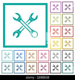 Two wrenches flat color icons with quadrant frames on white background Stock Vector