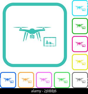 Drone controlling from tablet vivid colored flat icons in curved borders on white background Stock Vector