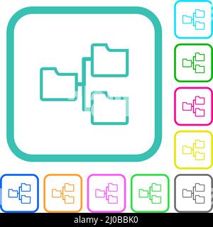 Shared folders outline vivid colored flat icons in curved borders on white background Stock Vector