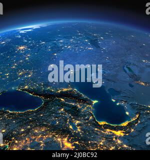 Detailed Earth. Caucasus and the Caspian Sea on a moonlit night Stock Photo