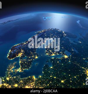 Detailed Earth. Europe. Scandinavia on a moonlit night Stock Photo