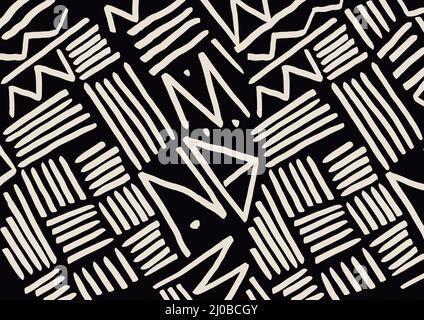 traditional African art zig zag pattern in black background, clip art with abstract art. Mudcloth ink, black and white. Handmade historic Bogolan for Stock Photo