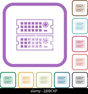 Rack servers outline simple icons in color rounded square frames on white background Stock Vector
