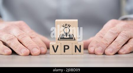 Wooden blocks with symbol of vpn concept Stock Photo