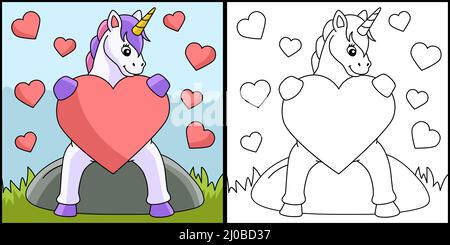 Unicorn Hugging A Heart Coloring Page Stock Vector