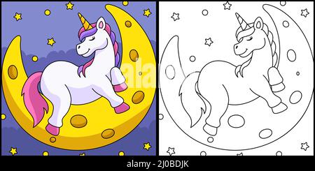 Unicorn Sleeping On The Moon Coloring Page  Stock Vector